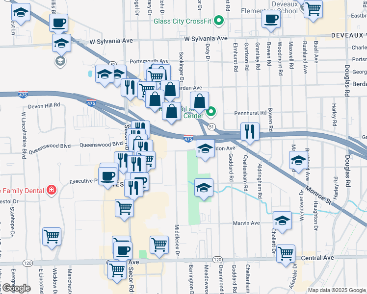 map of restaurants, bars, coffee shops, grocery stores, and more near 3028 Carskaddon Avenue in Toledo