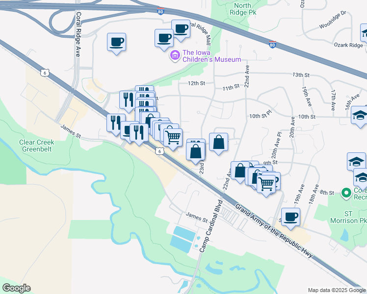 map of restaurants, bars, coffee shops, grocery stores, and more near 930A Boston Way in Coralville