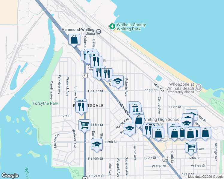 map of restaurants, bars, coffee shops, grocery stores, and more near 1549 Lake Avenue in Whiting