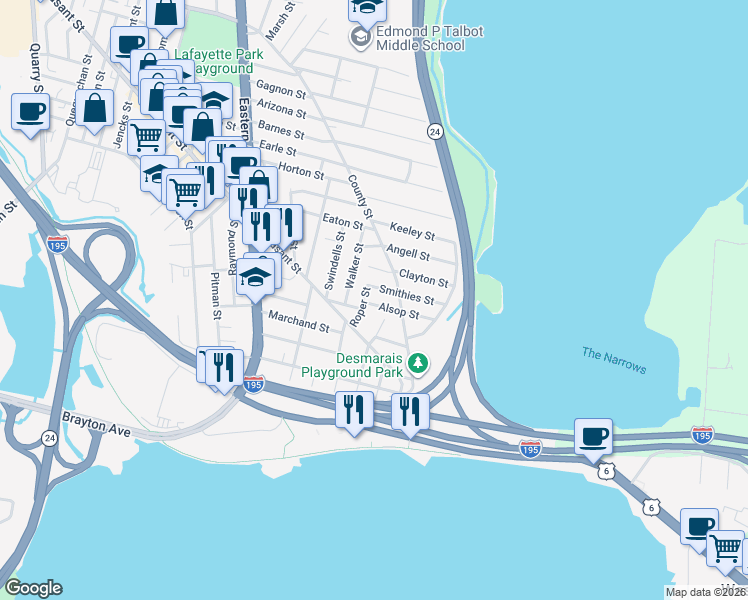 map of restaurants, bars, coffee shops, grocery stores, and more near 27 Roper Street in Fall River