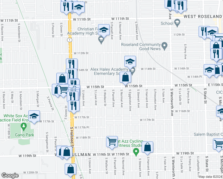map of restaurants, bars, coffee shops, grocery stores, and more near 533 West 115th Street in Chicago