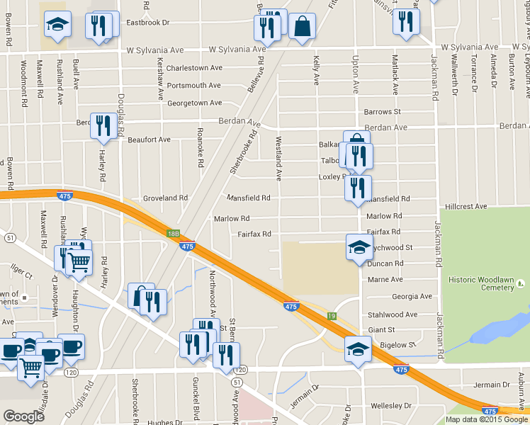 map of restaurants, bars, coffee shops, grocery stores, and more near 2120 Marlow Road in Toledo