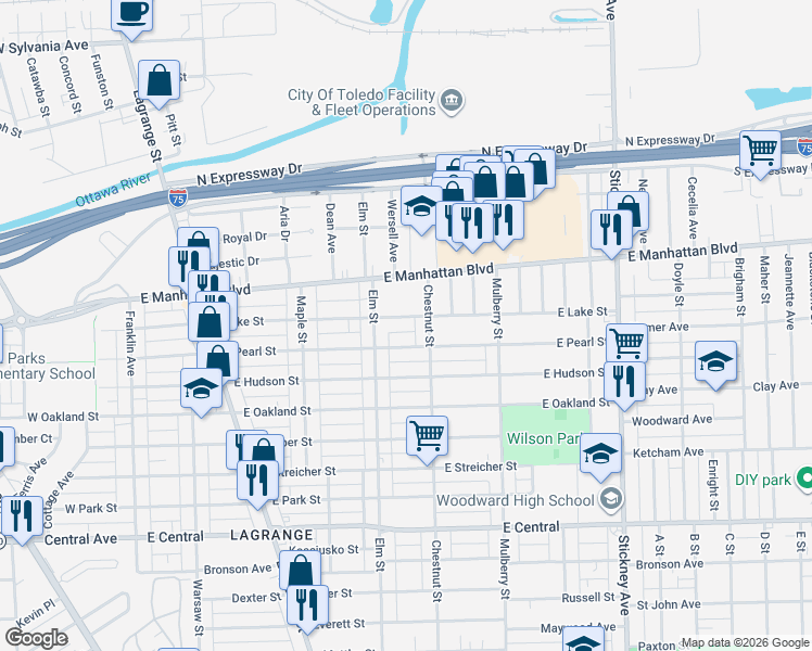 map of restaurants, bars, coffee shops, grocery stores, and more near 432 East Lake Street in Toledo