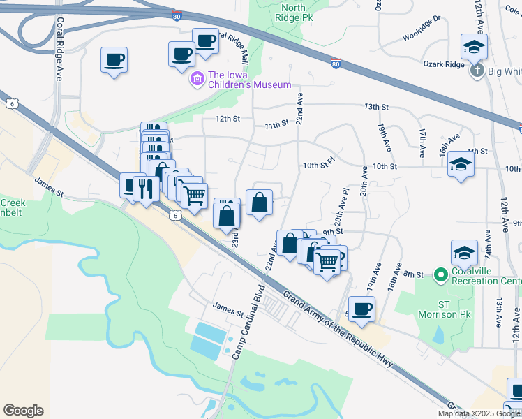 map of restaurants, bars, coffee shops, grocery stores, and more near 2240 9th Street in Coralville