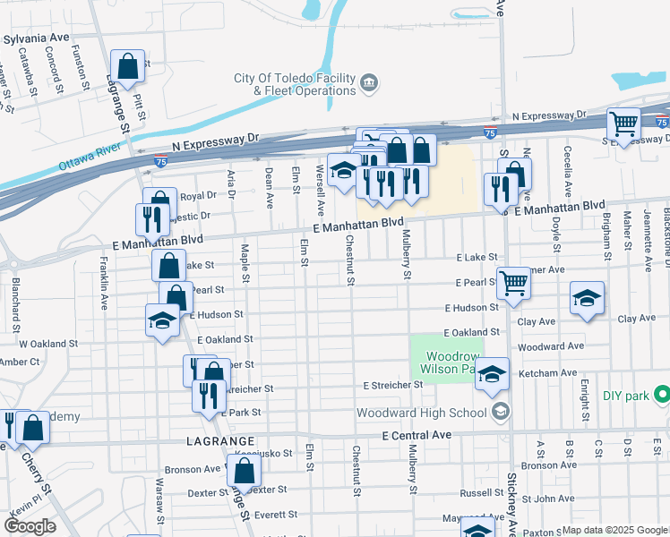 map of restaurants, bars, coffee shops, grocery stores, and more near 432 East Lake Street in Toledo