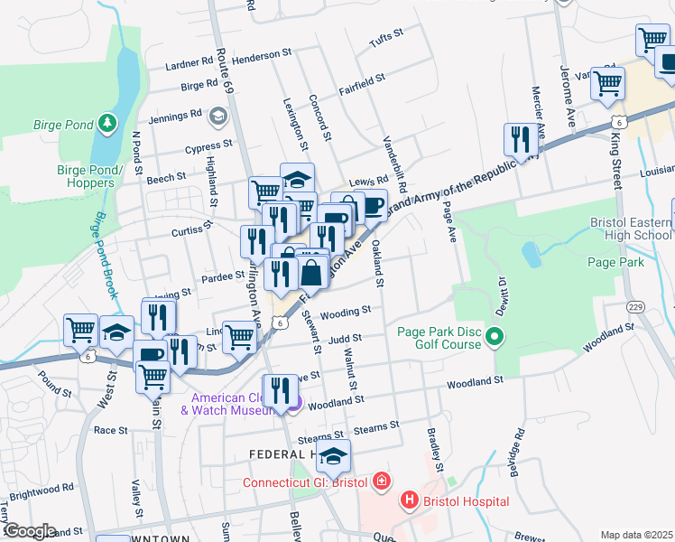 map of restaurants, bars, coffee shops, grocery stores, and more near 126 Farmington Avenue in Bristol