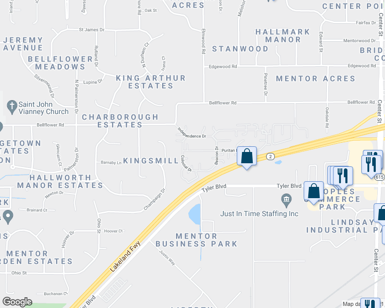 map of restaurants, bars, coffee shops, grocery stores, and more near 7968 Puritan Drive in Mentor
