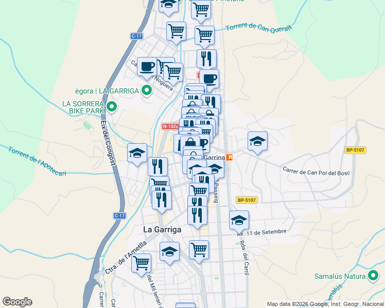 map of restaurants, bars, coffee shops, grocery stores, and more near 9 Plaça Can Dachs in La Garriga