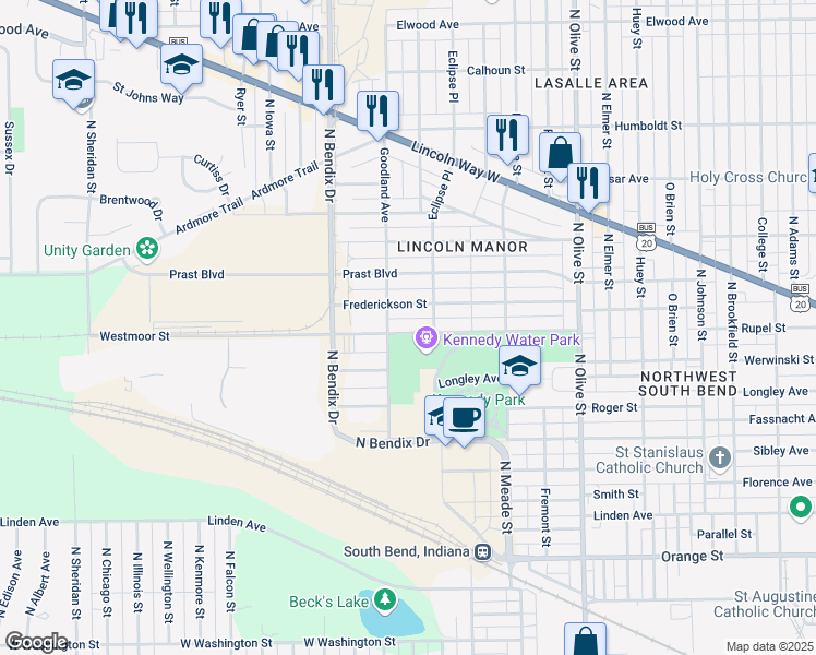 map of restaurants, bars, coffee shops, grocery stores, and more near 2905 Westmoor Street in South Bend