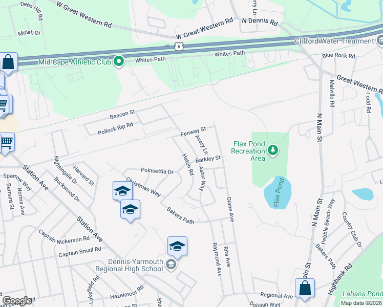 map of restaurants, bars, coffee shops, grocery stores, and more near 87 Astor Way in Yarmouth