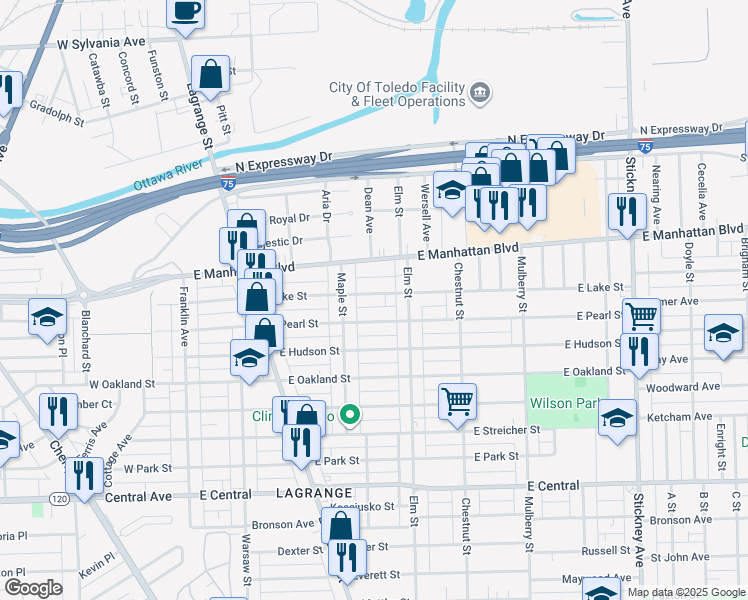 map of restaurants, bars, coffee shops, grocery stores, and more near 332 East Lake Street in Toledo