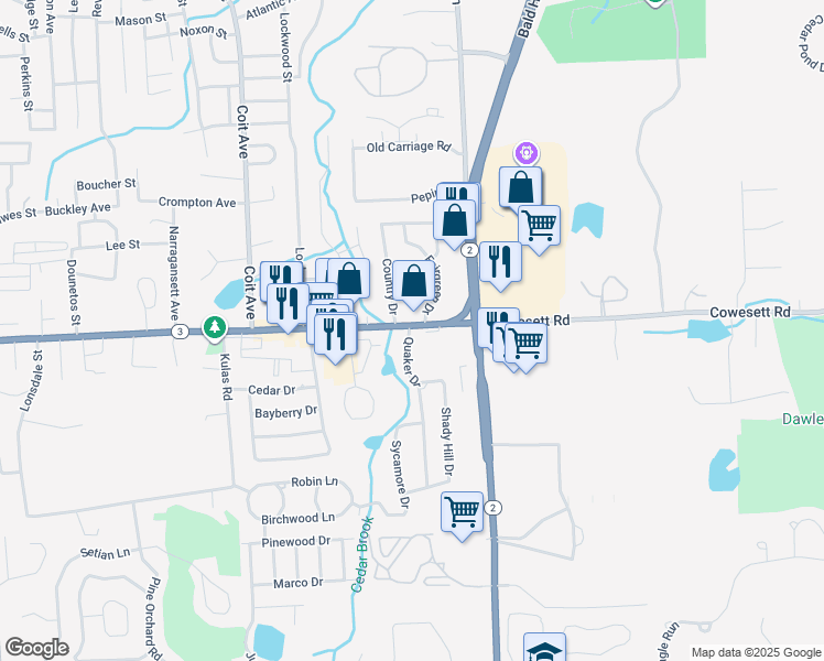 map of restaurants, bars, coffee shops, grocery stores, and more near 1 Country Drive in West Warwick