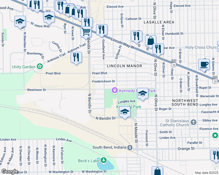 map of restaurants, bars, coffee shops, grocery stores, and more near 2905 Westmoor Street in South Bend