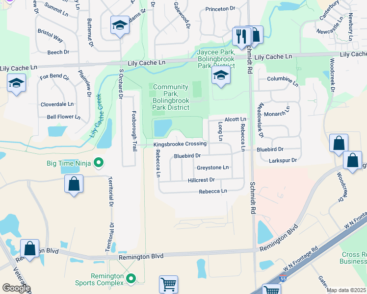 map of restaurants, bars, coffee shops, grocery stores, and more near 637 Kingsbrooke Crossing in Bolingbrook