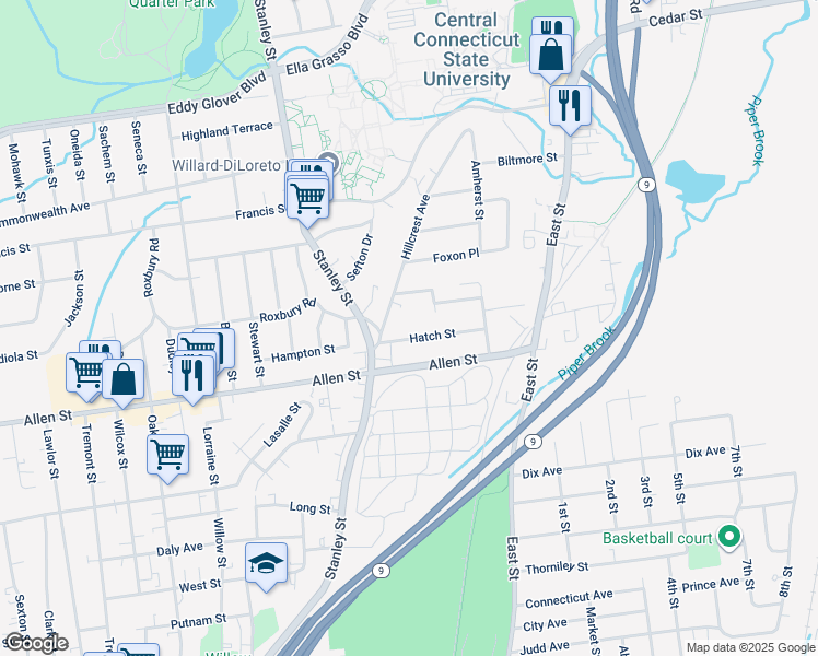 map of restaurants, bars, coffee shops, grocery stores, and more near 21 Hillcrest Avenue in New Britain