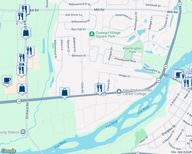 map of restaurants, bars, coffee shops, grocery stores, and more near 37 North West Drive in Oswego