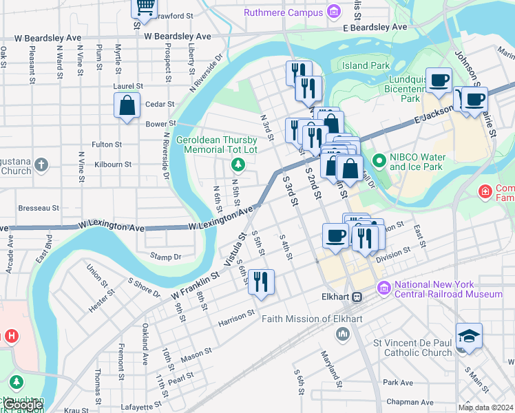 map of restaurants, bars, coffee shops, grocery stores, and more near W Lexington Ave & Vistula St in Elkhart