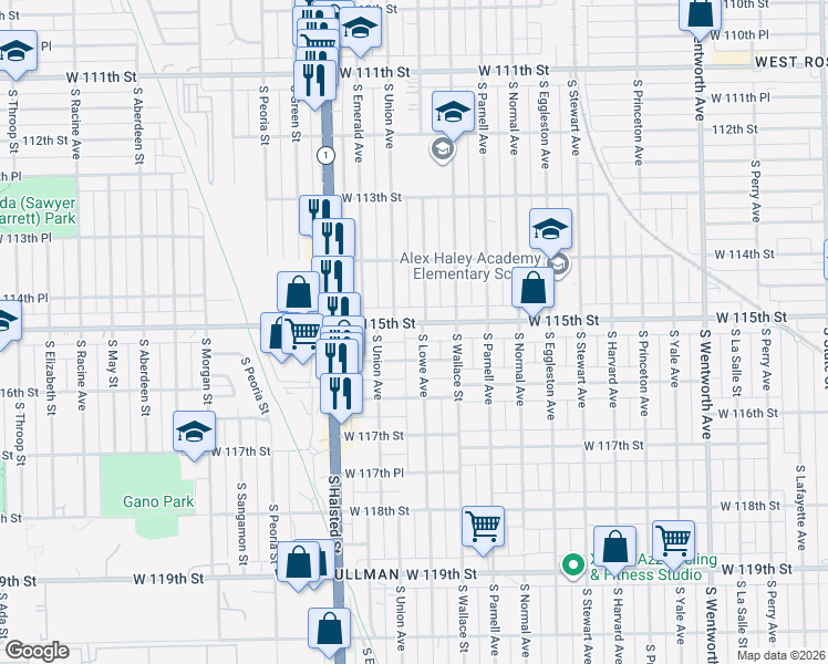 map of restaurants, bars, coffee shops, grocery stores, and more near 639 W 115th St in Chicago
