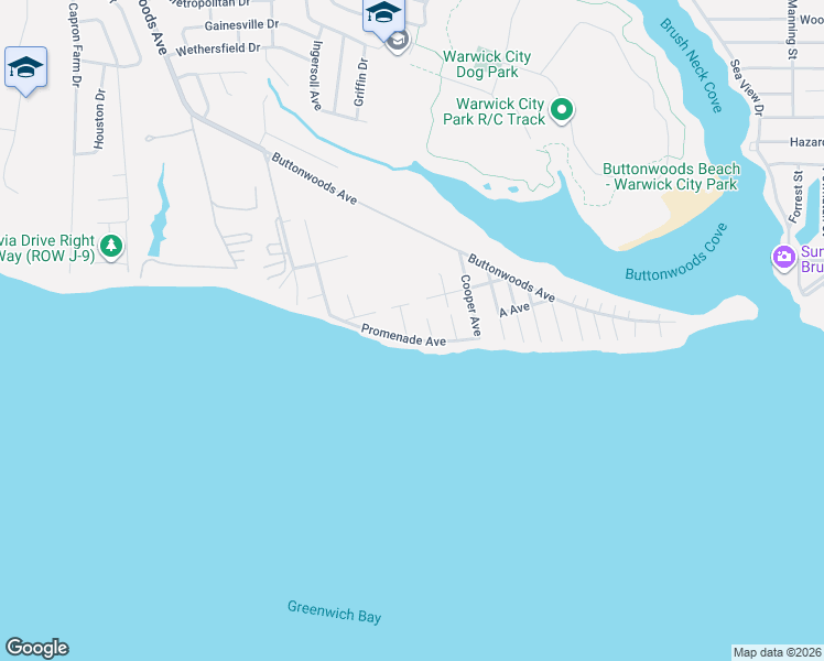 map of restaurants, bars, coffee shops, grocery stores, and more near 309 Promenade Avenue in Warwick