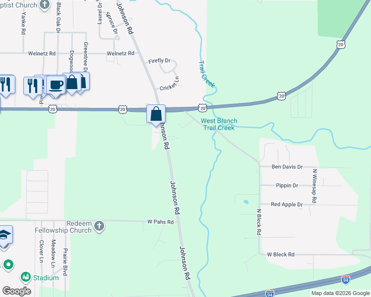 map of restaurants, bars, coffee shops, grocery stores, and more near 5401 Johnson Road in Michigan City