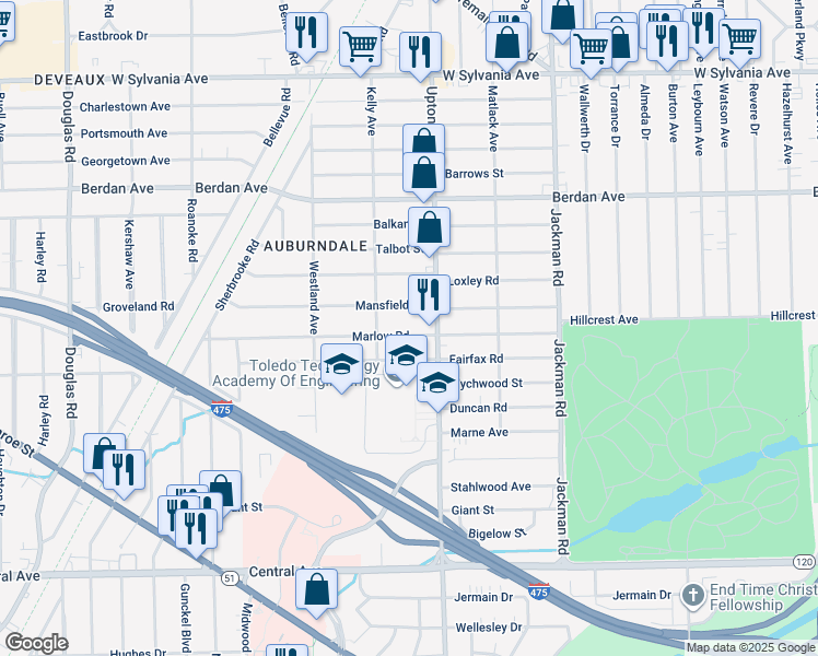 map of restaurants, bars, coffee shops, grocery stores, and more near 1928 Marlow Road in Toledo