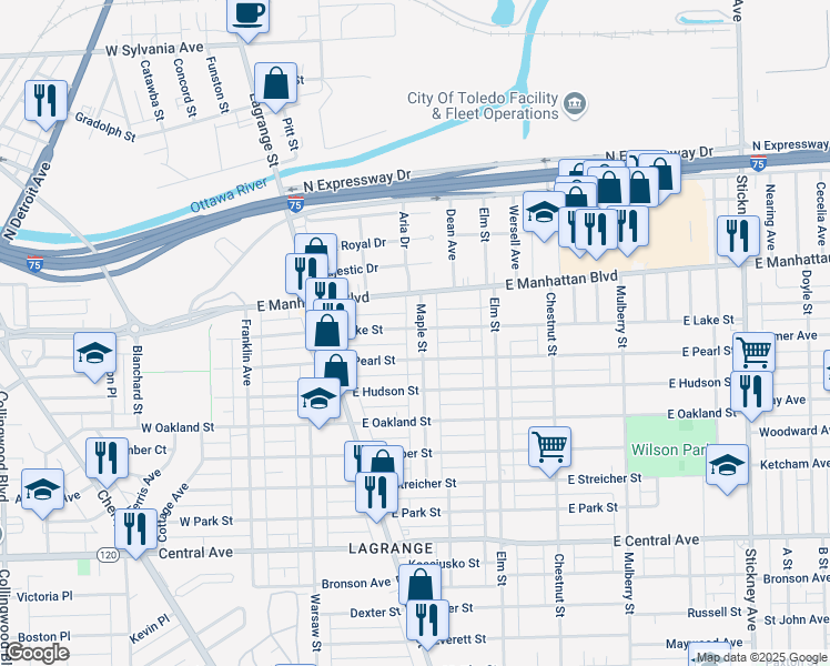 map of restaurants, bars, coffee shops, grocery stores, and more near 3381 Maple Street in Toledo
