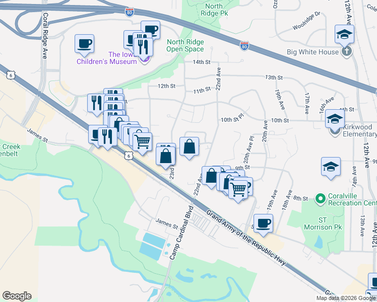 map of restaurants, bars, coffee shops, grocery stores, and more near 2240 9th Street in Coralville