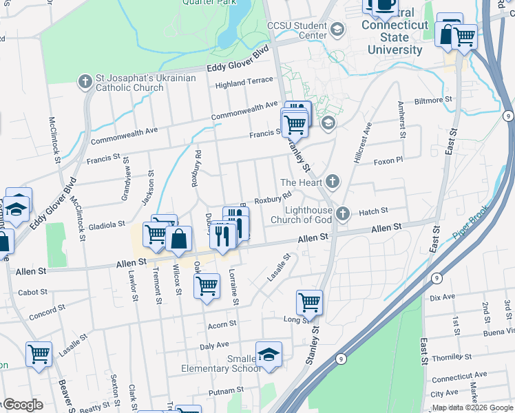 map of restaurants, bars, coffee shops, grocery stores, and more near 130 Roxbury Road in New Britain