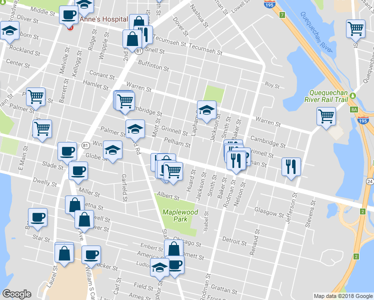 map of restaurants, bars, coffee shops, grocery stores, and more near 223 Lapham Street in Fall River