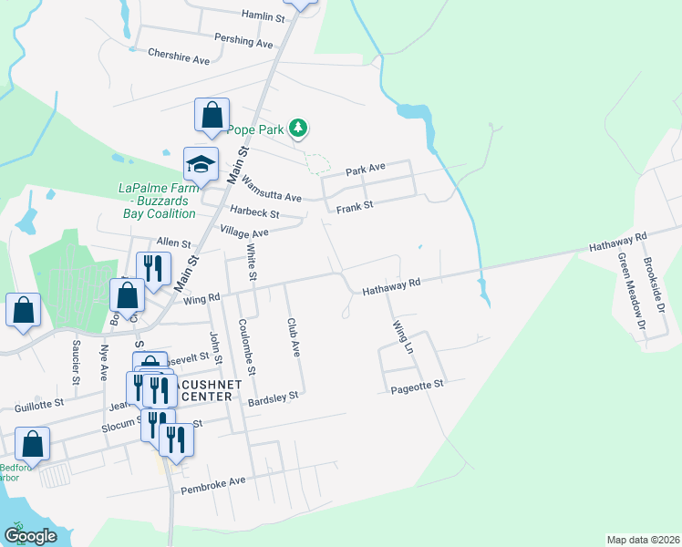 map of restaurants, bars, coffee shops, grocery stores, and more near 87 Wing Road in Acushnet