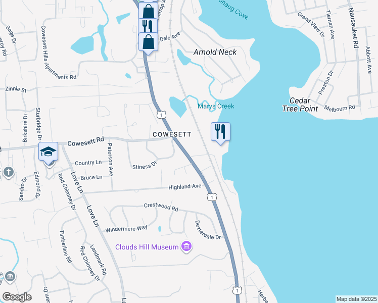 map of restaurants, bars, coffee shops, grocery stores, and more near 3880 Post Road in Warwick