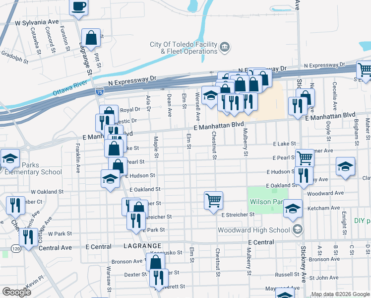 map of restaurants, bars, coffee shops, grocery stores, and more near 3385 Elm St in Toledo