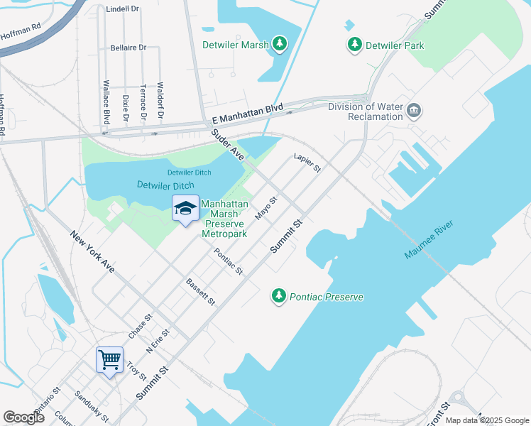 map of restaurants, bars, coffee shops, grocery stores, and more near 3404 Mayo Street in Toledo