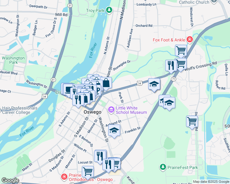 map of restaurants, bars, coffee shops, grocery stores, and more near 117 Chicago Road in Oswego