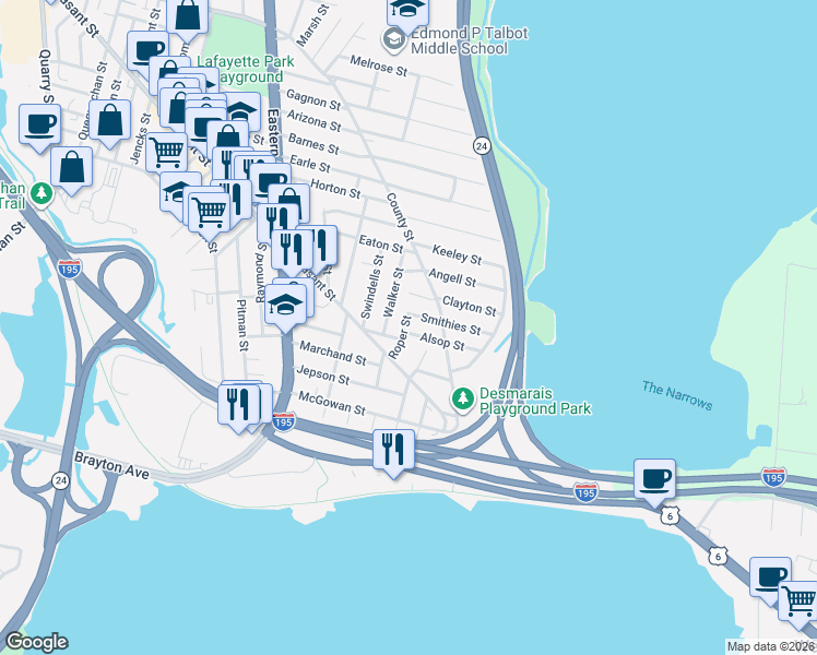 map of restaurants, bars, coffee shops, grocery stores, and more near 27 Roper Street in Fall River