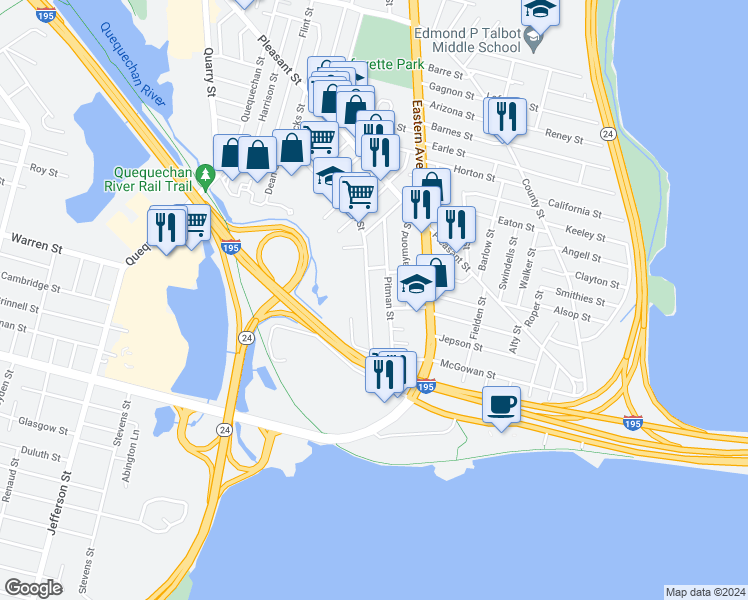 map of restaurants, bars, coffee shops, grocery stores, and more near 532 Alden Street in Fall River
