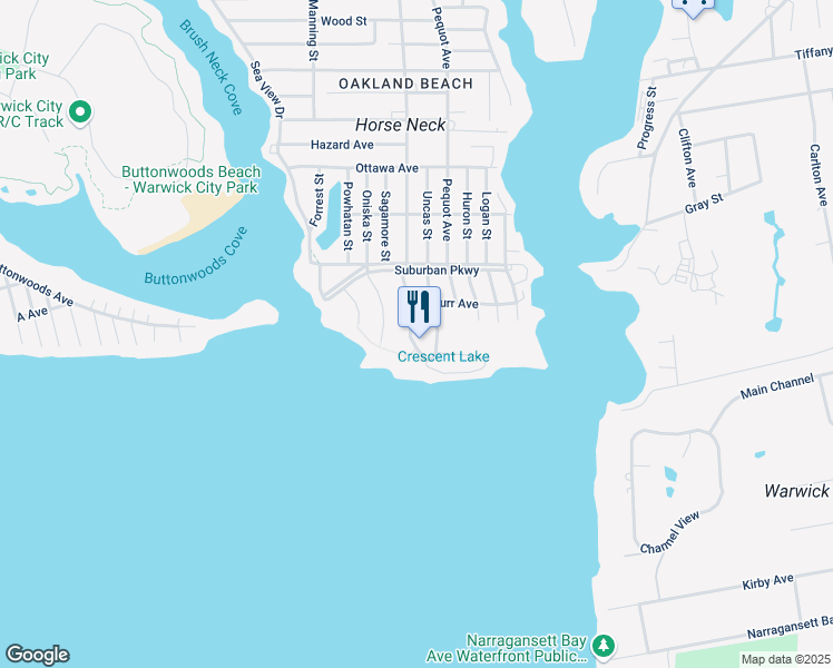 map of restaurants, bars, coffee shops, grocery stores, and more near 875 Oakland Beach Avenue in Warwick