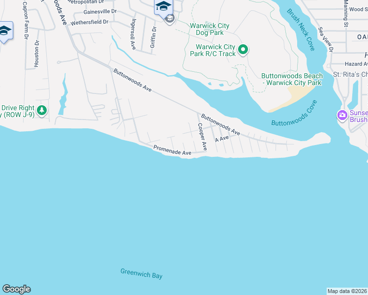 map of restaurants, bars, coffee shops, grocery stores, and more near 309 Promenade Avenue in Warwick