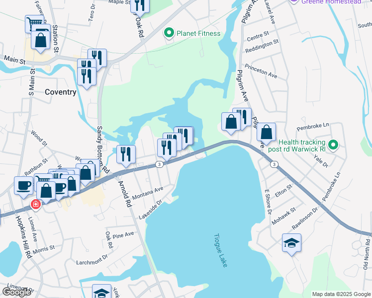 map of restaurants, bars, coffee shops, grocery stores, and more near 577 Tiogue Avenue in Coventry