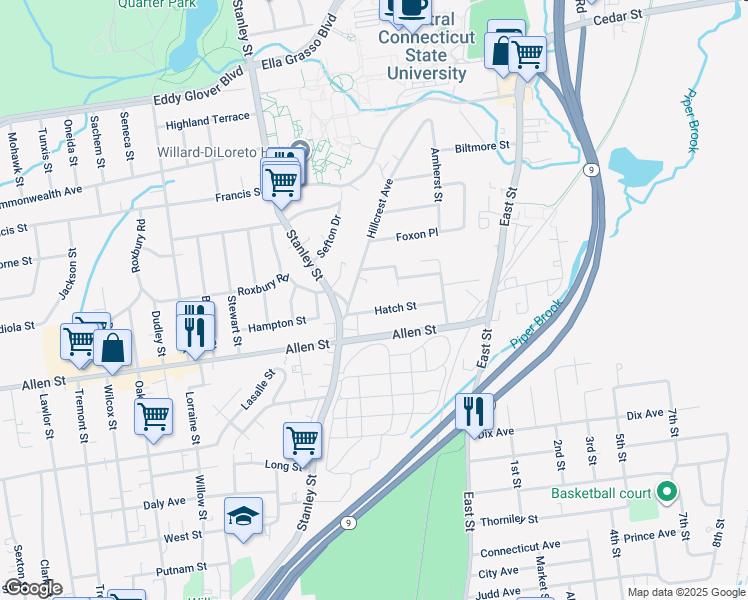 map of restaurants, bars, coffee shops, grocery stores, and more near 21 Hillcrest Avenue in New Britain