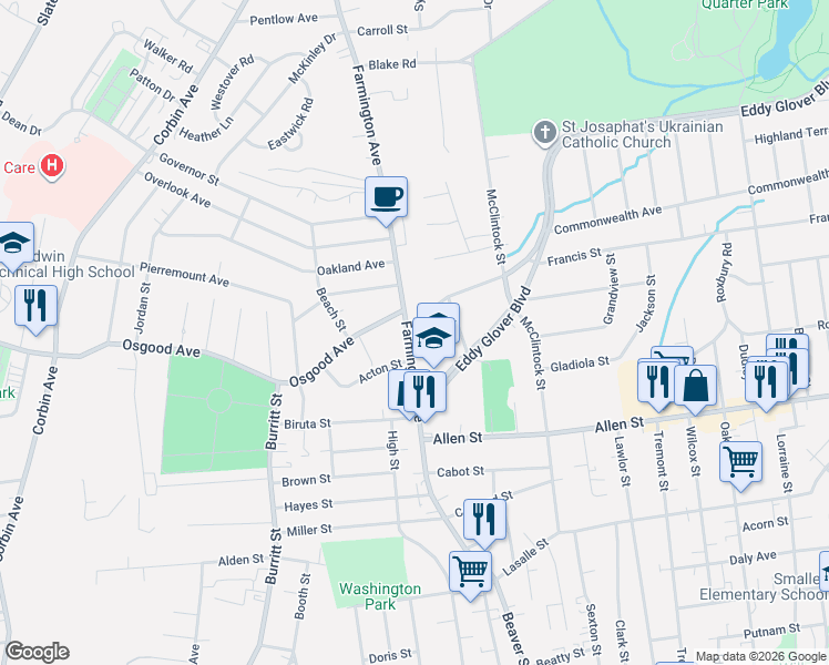 map of restaurants, bars, coffee shops, grocery stores, and more near 29 Commonwealth Avenue in New Britain