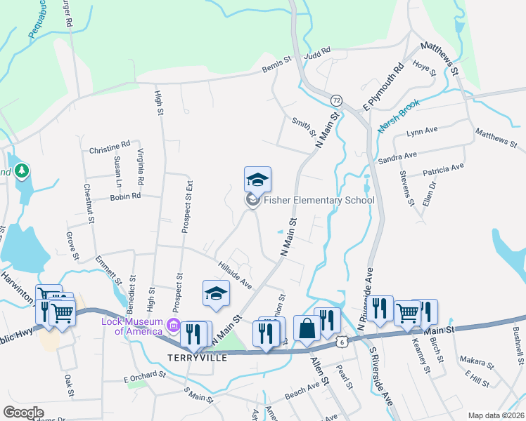 map of restaurants, bars, coffee shops, grocery stores, and more near 115 North Main Street in Plymouth