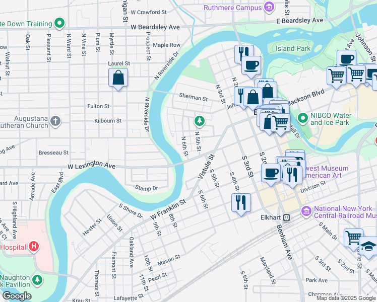 map of restaurants, bars, coffee shops, grocery stores, and more near 122 North 6th Street in Elkhart