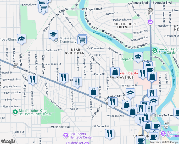 map of restaurants, bars, coffee shops, grocery stores, and more near 730 Cottage Grove Avenue in South Bend