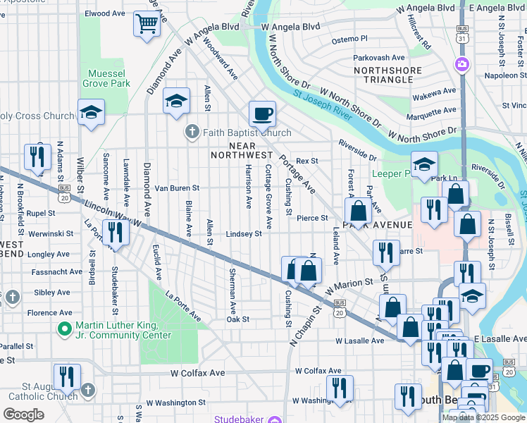 map of restaurants, bars, coffee shops, grocery stores, and more near 730 Harrison Avenue in South Bend