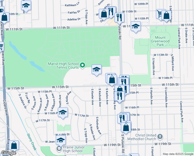 map of restaurants, bars, coffee shops, grocery stores, and more near 4200 West 115th Street in Chicago