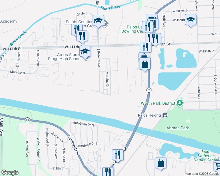 map of restaurants, bars, coffee shops, grocery stores, and more near 7908 113th Place in Palos Hills
