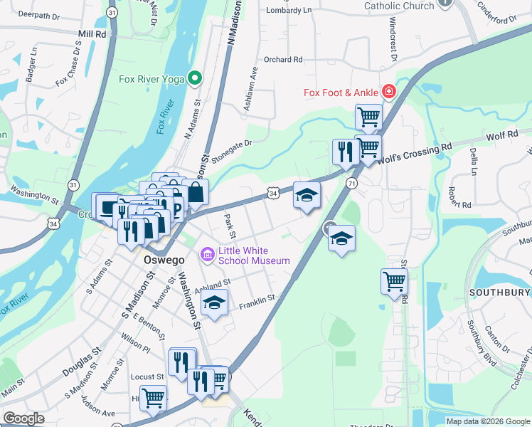 map of restaurants, bars, coffee shops, grocery stores, and more near in Oswego