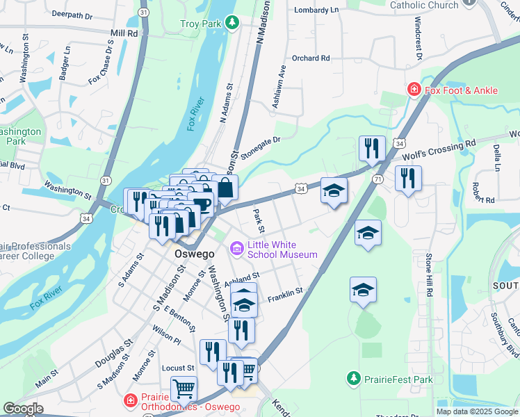 map of restaurants, bars, coffee shops, grocery stores, and more near 175 Chicago Road in Oswego