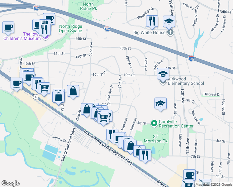 map of restaurants, bars, coffee shops, grocery stores, and more near 2001 9th Street Place in Coralville